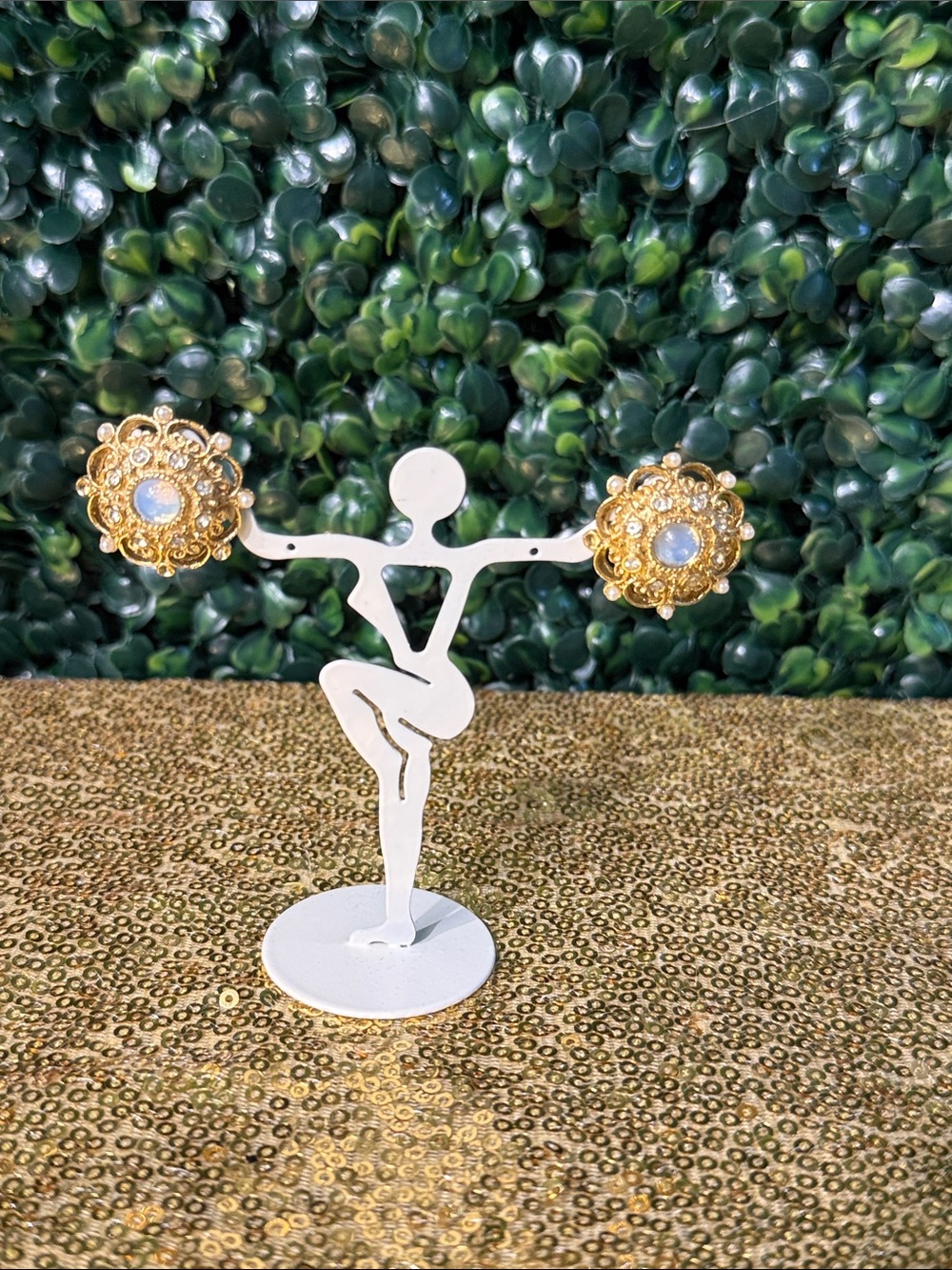 Vintage Elegant Gold Floral Statement Earrings - Gold with Opalescent Center